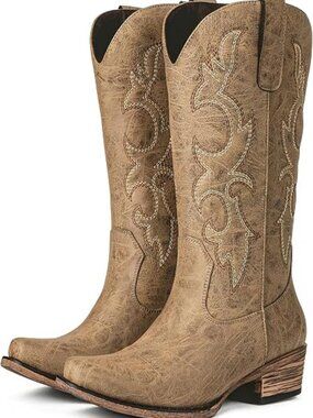 Cowboy Boots for Women - Mid Calf Cowgirl Boots Western Chunky Heel Pointed Toe